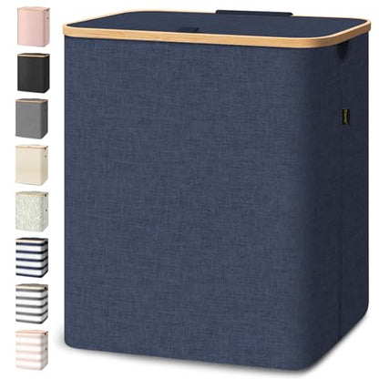 BALEINE Laundry Hamper with Lid, Tall Laundry Baskets with Bamboo Pull Handles, Large Laundry Bin with Internal Support (36 Gal/140L, Blue) - color: Blue, size: 140 liters
