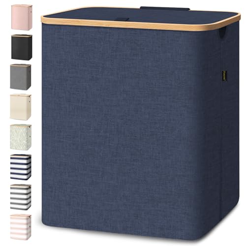 BALEINE Laundry Hamper with Lid, Tall Laundry Baskets with Bamboo Pull Handles, Large Laundry Bin with Internal Support (36 Gal/140L, Blue) - color: Blue, size: 140 liters