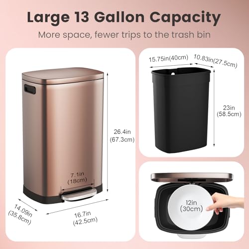 ELPHECO Kitchen Trash Can with Lid 13 Gal Stainless Steel Pedal Garbage Can | Soft Close Lid, Pedal, Heavy-Duty Fingerprint Proof Step Wastebasket with 20 Bags, Removable Bucket, Home Office, Champagne - color: Champagne