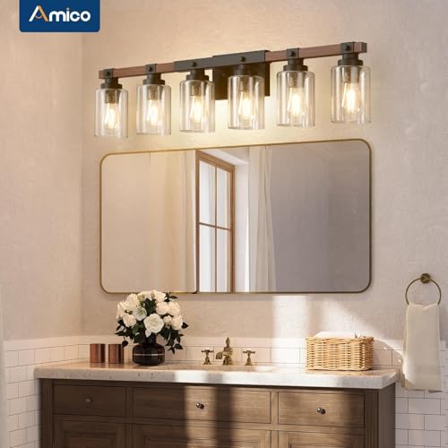 Amico 6-Light Farmhouse Bathroom Vanity Light, Seeded Glass, Black & Wood | Bubble Glass Shade Wall Sconce, Over Mirror Light Fixtures for Bathroom, Bedroom, Living Room, Hallway, Powder Room, Entryway - size: 6-Light