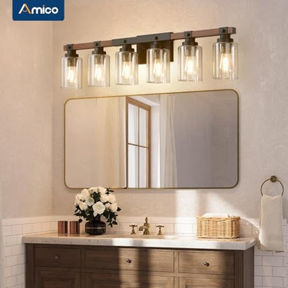 Amico 6-Light Farmhouse Bathroom Vanity Light, Seeded Glass, Black & Wood | Bubble Glass Shade Wall Sconce, Over Mirror Light Fixtures for Bathroom, Bedroom, Living Room, Hallway, Powder Room, Entryway - size: 6-Light