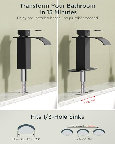 FORIOUS Bathroom Faucet 1 Hole, Waterfall Vanity Sink Faucet Matte Black | Bathroom Sink Faucet 1 or 3 Hole, Square Single Handle with 24" cUPC Supply Line and Pop-up Drain, Fits RV Restroom Basin - color: Matte Black