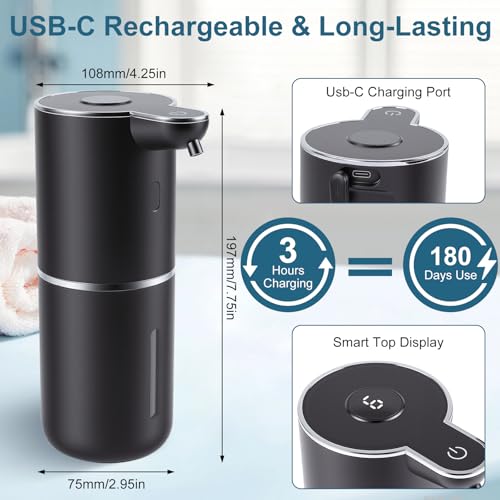 Automatic Soap Dispenser, Hand Soap Dispenser 12.8oz/380ml Smart Rechargeable, Liquid Touchless Soap Dispensers with 6-Level, Wall Mounted or Countertop Dish Soap Dispensing for Bathroom & Kitchen - color: Black