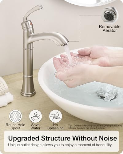 Brass Vessel Sink Faucet Brushed Nickel, Single Handle Tall Faucet for Bathroom Sink One Hole with Pop-Up Drain & Water Hoses, Save Water - color: Brushed Nickel
