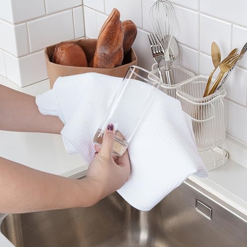 POLYTE 340 GSM Microfiber Waffle Kitchen Dish Tea Towel, 16x28 in, 12 Pack | Lint Free, Quick Dry - color: White, size: 16x28 in