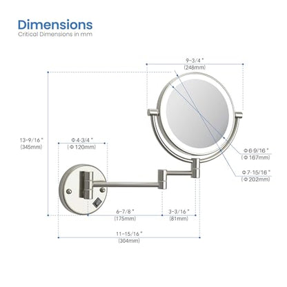 KIBI Circular Wall Mount Makeup Mirror with LED Lights, Dual-Sided 1x/5x Magnifying Mirror with Adjustable Arm, 360° Swivel, Solid Brass Construction for Durability and Style (Brushed Nickel, KMM101) - color: Brushed Nickel