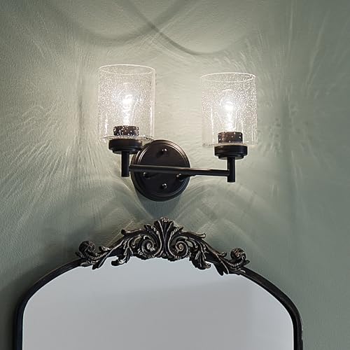 Kichler Winslow 2-Light Farmhouse Vanity Light, Black | Clear seeded glass vanity light with industrial styling (12.75" x 9.25" x 6.5"), 45885BK - color: Black, size: 13"