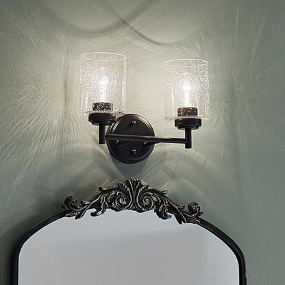 Kichler Winslow 2-Light Farmhouse Vanity Light, Black | Clear seeded glass vanity light with industrial styling (12.75" x 9.25" x 6.5"), 45885BK - color: Black, size: 13"