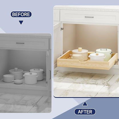 Pull Out Cabinet Organizer, 28.5 in W x 21 in D Solid Wood Slide Out Drawer, Soft Close Sliding Shelf, Bottom or Side Mount for Kitchen Pantry Bathroom, Fits 29.5 in Cabinet Opening - size: 28½” W × 4"H x 21” D