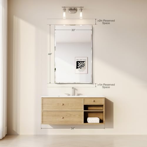 Frameless Bathroom Mirror 30"x48", Beveled Bathroom Mirror | 4mm Tempered Glass Shatterproof Wall Mount Mirrors for Bathroom Bedroom Entryway Vanity, Hangs Horizontally or Vertically - size: 48"L x 30"W