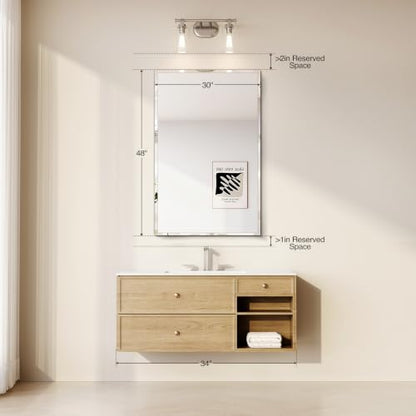 Frameless Bathroom Mirror 30"x48", Beveled Bathroom Mirror | 4mm Tempered Glass Shatterproof Wall Mount Mirrors for Bathroom Bedroom Entryway Vanity, Hangs Horizontally or Vertically - size: 48"L x 30"W