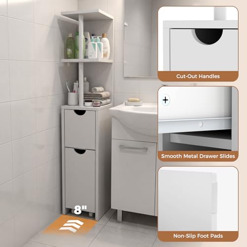 Tangkula Slim Bathroom Storage Cabinet, Small Corner Floor Cabinet with Open Shelves, Slide-Out Drawers, Bathroom Organizer, Narrow Toilet Paper Holder for Restroom, Living Room, Small Spaces, White