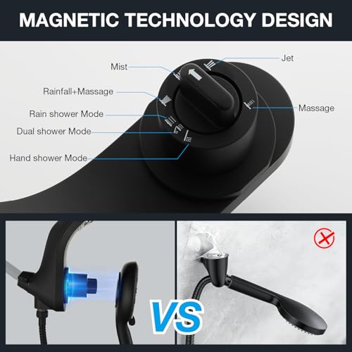 High Pressure Rain Shower Head with Handheld Spray Combo Fixed Showerhead Dual Shower Head Set 10 Sprays Detachable Hand Held Showerheads Built-in Magnetic System Matte Black - color: Matte Black