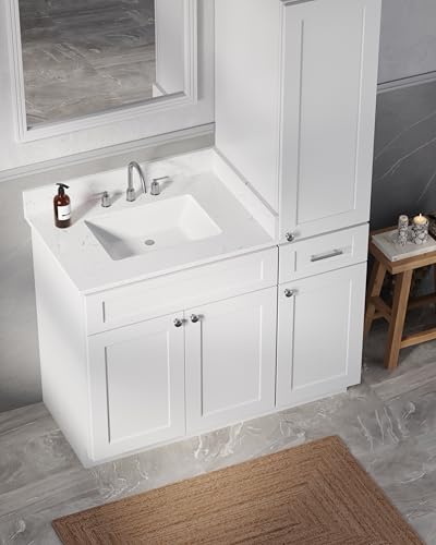 45" Bathroom Vanity with Linen Storage Tower, Carrara Quartz Top and Ceramic Sink, Left or Right Side Option, Solid Wood Frame, 46" x 22" x 72" (White, Left Tall Cabinet) - color: White