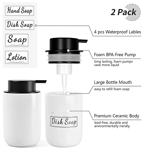 BosilunLife Foaming Soap Dispenser Set - White Ceramic Foam Hand Dispenser | 12oz Soap Dispenser Set with Rust Proof Pump, 4Pcs Clear Stickers for Kitchen, Bathroom - 2 Pack - color: White-foam Pump