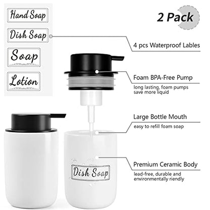 BosilunLife Foaming Soap Dispenser Set - White Ceramic Foam Hand Dispenser | 12oz Soap Dispenser Set with Rust Proof Pump, 4Pcs Clear Stickers for Kitchen, Bathroom - 2 Pack - color: White-foam Pump