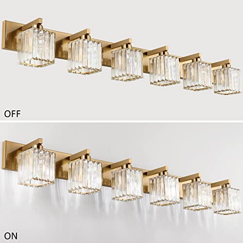 Aipsun Bathroom Vanity Light Brass Crystal Vanity Lighting Fixtures 6 Light Modern Bathroom Lighting Fixtures (Exclude Bulb) - color: Gold, size: 49 inch