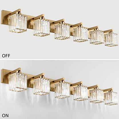 Aipsun Bathroom Vanity Light Brass Crystal Vanity Lighting Fixtures 6 Light Modern Bathroom Lighting Fixtures (Exclude Bulb) - color: Gold, size: 49 inch