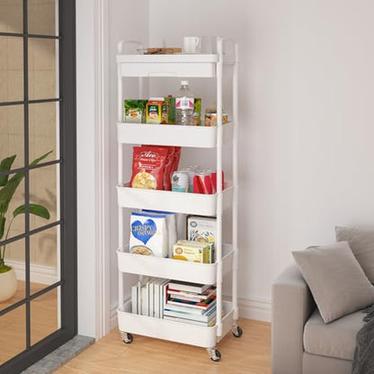 Calmootey 5-Tier Rolling Utility Cart with Drawer,Multifunctional Storage Organizer with Plastic Shelf & Metal Wheels,Storage Cart for Kitchen,Bathroom,Living Room,Office,White | Space-Saving Organizer, Sturdy Plastic Shelves, Smooth-Rolling Metal Wheels,