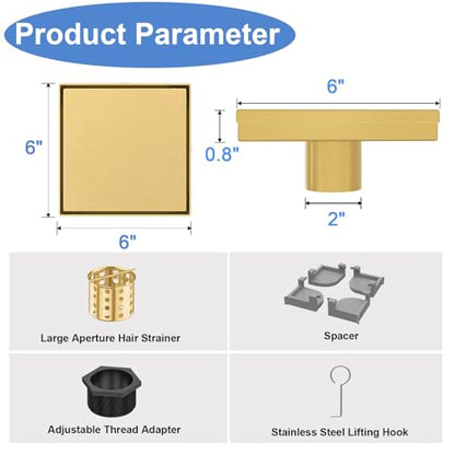 6 Inch Square Shower Drain-Brushed Gold, with Tile Insert Grate | AISI 304 Stainless Steel Shower Drain, Shower Floor Drain with Hair Catcher, Fits Bathroom, Balcony - color: Brushed Gold, size: 6 Inch