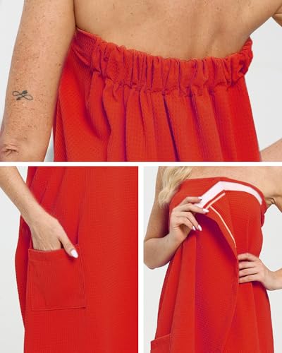Lightweight Waffle Bath Towel Wraps for Women after Shower | Soft, Knee Length, Adjustable Closure, Thin Robe Body Bathrobes with Pocket for Spa, Gym, Sauna, Beach & Pool - color: 3 Pack Waffle Towel Wrap Red