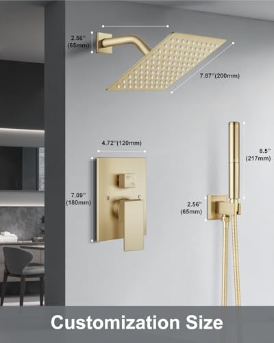 Aolemi Shower System with Rain Head and Handheld,8-Inch,Brushed Gold | High-Pressure Shower Faucet Set with Dual-Function Handheld,Rough-In Valve,1.8 GPM,Wall-Mount Trim Kit - color: Brushed Gold, size: 8 Inch