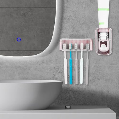 5 Slots Wall Mount Toothbrush Holder with Cover, Self Adhesive Toothbrush Storage Organizer for Shower, Toothbrush Hanger with Automatic Toothpaste Squeezer Dispenser (Pink) - color: Pink Combination