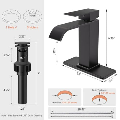 Matte Black Bathroom Faucets Evolvegoods Modern Waterfall Bathroom Faucet | Single Handle 1 or 3 Hole Bathroom Sink Faucet RV Mixer Tap Vanity Faucet with Deck Plate Pop-up Drain and Supply Lines - color: Matte Black