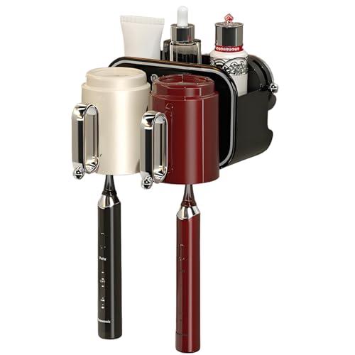 Strong Suction Wall Mount Toothbrush Holder with 2 Cups- No Drill Bathroom Organizer, Large Capacity & Hygienic Quick Drying Design - color: Black-2 Cups