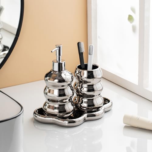Silver Bathroom Accessory Set, 3-Piece Ceramic Bath Accessories Set with Tray, Lotion Dispenser, and Tumbler - color: Silver