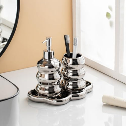 Silver Bathroom Accessory Set, 3-Piece Ceramic Bath Accessories Set with Tray, Lotion Dispenser, and Tumbler - color: Silver