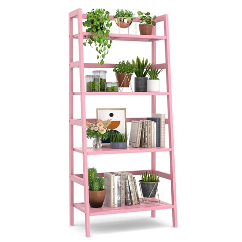 Bamboo Ladder Bookshelf, 4-Tier Ladder Shelf Open Book Shelf Freestanding Bookcase Bathroom Storage Rack Plant Stand for Living Room, Bedroom, Office, Easy Assembly, Pink - color: Pink