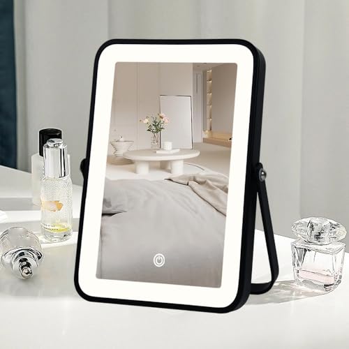 YEKKOPT Rechargeable Makeup Vanity Mirror with Lights, Small Desk Makeup Mirror with Lights, 3 Lighting Modes, Dimmable Touch Screen, Tabletop Light up Mirror - color: Black, size: 10"L x 7"W