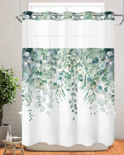 No Hook Shower Curtain and Snap in Liner Set, Green Eucalyptus Fabric Bathroom Stall Shower Curtains 48x72, See Through Mesh Top Window, Spring Summer Botanical Floral Leaves Country Hotel Style - color: Green, size: 48"W x 72"L (Pack of 1)