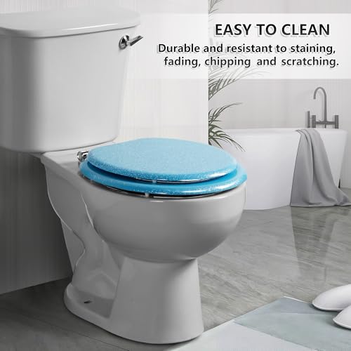 Angol Shiold Glitter Toilet Seat Molded Wood Round Toilet Seat with Quietly Close and Quick Release Hinges, Easy to Clean also Easy to Install (Round 16.5'', Blue) - color: Blue, size: Round 16.5‘’