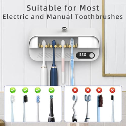 Wall Mounted Toothbrush Holder with Active Airflow Drying for Shared Family Bathroom, Fits Electric & Manual Toothbrushes, Rechargeable, No-Drill Installation