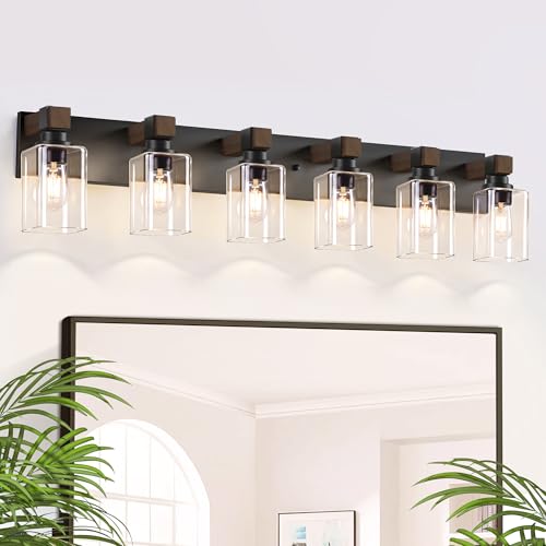 Farmhouse Black 6-Light Bathroom Vanity Light, Square Glass Shade | Vintage Rustic Design, Wood Grain Finish, Matte Black Metal, Wall Mount Over Mirror Lighting Fixtures for Bathroom Restroom - size: 6-Light