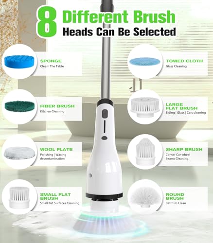 Electric Spin Scrubber, 3-Speed Flat End Brush with 8 Brush Heads & Base, Adjustable Long Handle, Digital Display, 2500mAh Fast Charging, for Bathroom, Tub, Tile, Floor（White - color: White
