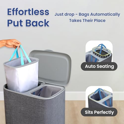 Dual Section 90L Laundry Basket with Wheels and Lid – Tall divided Double Laundry Hamper with 2 Removable Washable Bags, Large Laundry Sorter for Easy Clothes Separation