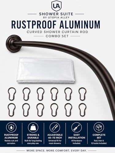 Shower Suite by Utopia Alley – Rustproof Aluminum Curved Shower Curtain Rod Combo Set with Liner & 12 Hooks, Adjustable 45–72 Inch Wall Mount Rod, Oil Rubbed Bronze Finish - color: Oil Rubbed Bronze
