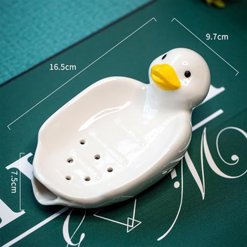 Cute Ceramic Soap Dish Self Draining Adorable Duck Shaped Kitchen Sink Soap Organizer for Bathroom Quick Drying Soap Holders - color: White Duck-2