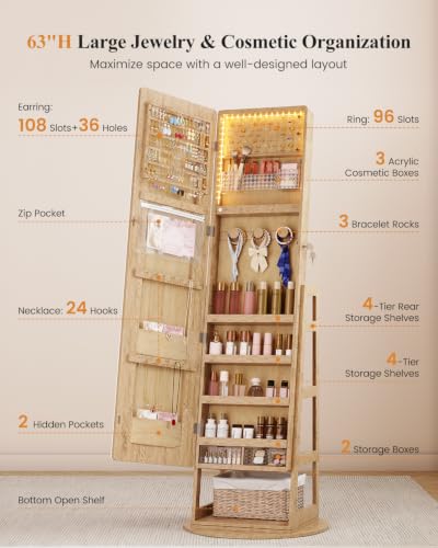 Standing Jewelry Cabinet Mirror with Adjustable LED Light Wood | 63" Lockable Jewelry Armoire Organizer with 4 Rear Shelves & Hooks, 360° Swivel, for Bedroom, Living Room, Women Girls Gift - color: Wood 1