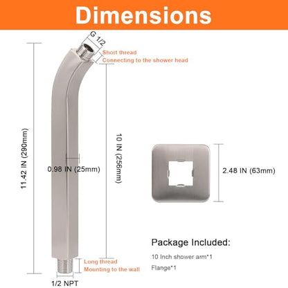 Shower Arm with Flange and Teflon Tape, Wall Mounted Square Shower Pipe 304 Stainless Steel Extension Arm for Fixed Shower Head & Handheld Shower (10 Inch, Brushed Nickel) - color: Brushed Nickel, style: 10 Inch