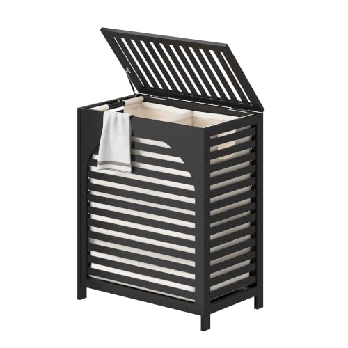 Laundry Hamper with Lid, Bamboo with Handles and Removable Liner Bag, 125L Laundry Basket for Bedroom, Bathroom & Laundry Room(Black) - color: Black