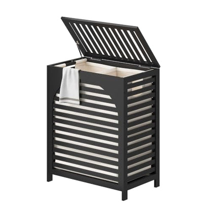Laundry Hamper with Lid, Bamboo with Handles and Removable Liner Bag, 125L Laundry Basket for Bedroom, Bathroom & Laundry Room(Black) - color: Black