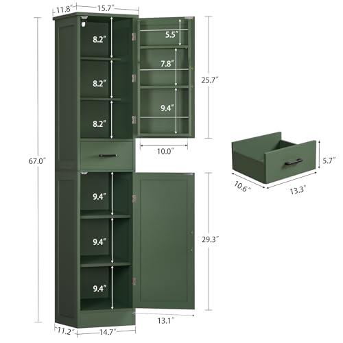 Kitchen Pantry Cabinet with 3 Door Shelves & 1 Drawer, Narrow Bathroom Cabinet with Adjustable Shelves, Tall Storage Cabinet for Living Room, Bathroom, Entryway, Green - color: Green