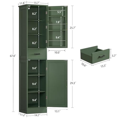 Kitchen Pantry Cabinet with 3 Door Shelves & 1 Drawer, Narrow Bathroom Cabinet with Adjustable Shelves, Tall Storage Cabinet for Living Room, Bathroom, Entryway, Green - color: Green