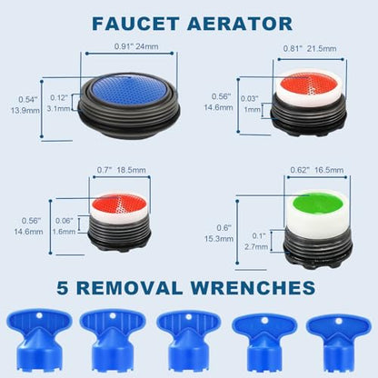 16-Pack Faucet Aerator Replacement Set with 5 Removal Wrenches | Male Thread M16.5/18.5/21.5/24mm for Sink – ABS Construction for Kitchen and Bathroom