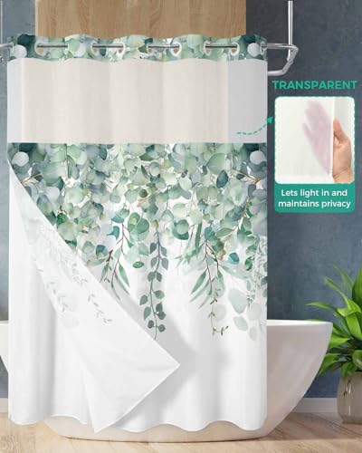 No Hook Shower Curtain and Snap in Liner Set, Green Eucalyptus Fabric Bathroom Stall Shower Curtains 48x72, See Through Mesh Top Window, Spring Summer Botanical Floral Leaves Country Hotel Style - color: Green, size: 48"W x 72"L (Pack of 1)