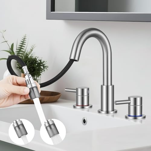 8 Inch 3 Hole Brushed Nickle Pull Down Bathroom Sink Faucet | Stainless Steel,Two Water Flow Modes,Brushed Nickle,3 hole Widespread,Pop-up Drain,Water Supply Hoses,Pull Down Sprayer, - color: A-Brushed Nickel